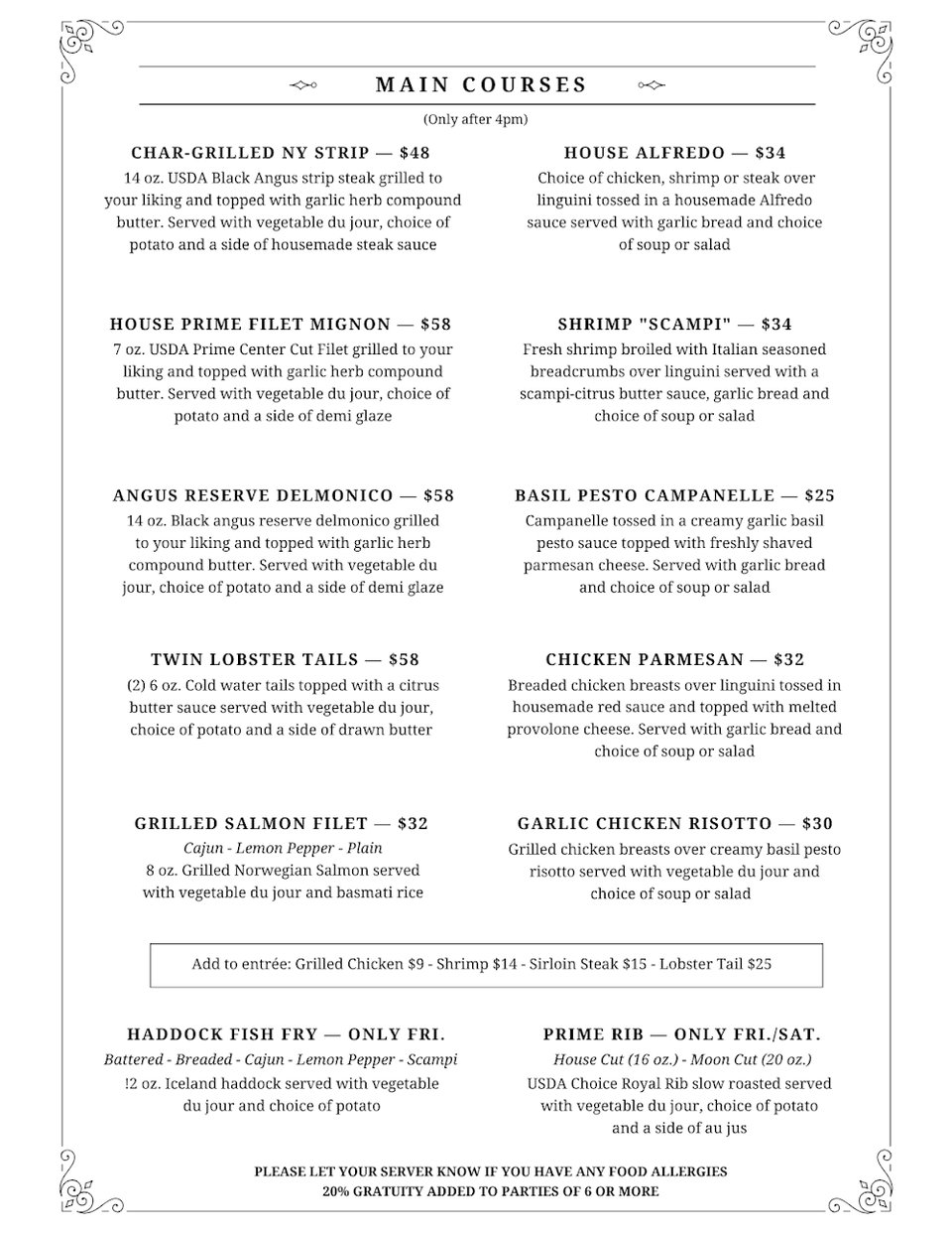 Menu page with starters, soups, salads, and mains.