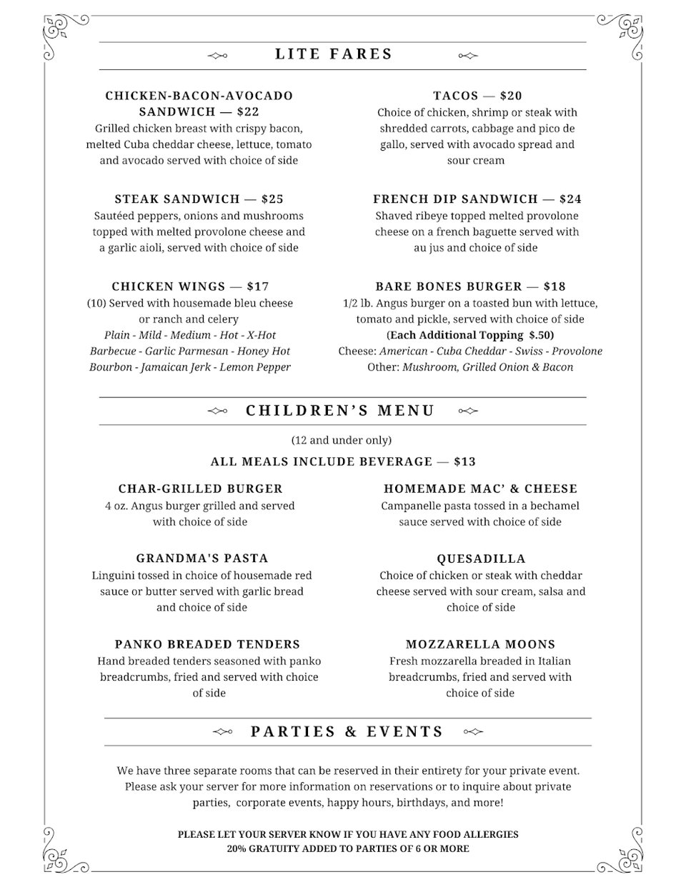 Restaurant menu featuring steaks, salads, and sides.